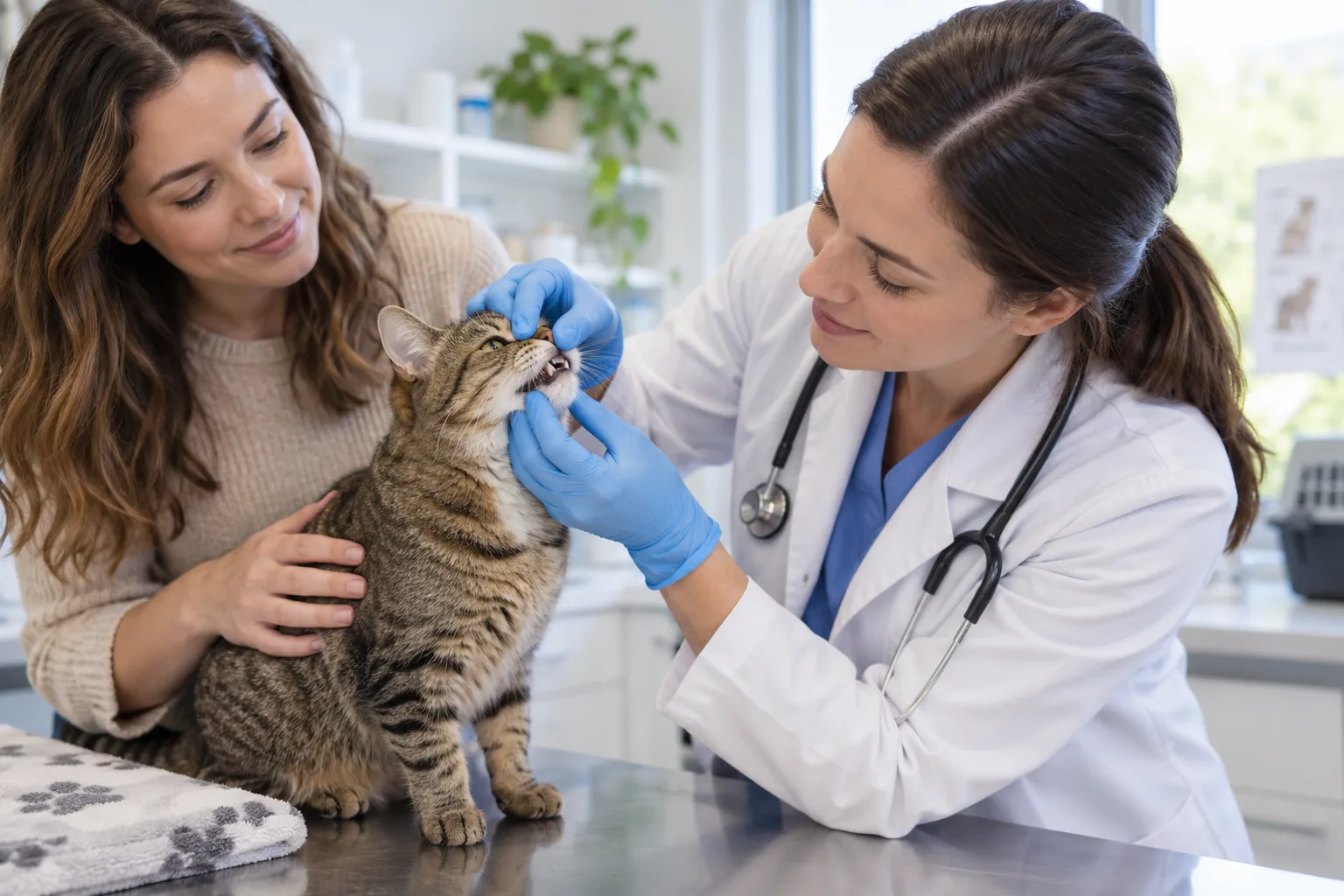 Veterinary professional examining a cat’s mouth with an owner nearby